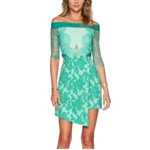 Three Floor Lace Is More Dress Jungle Celadon Nylon Blend Exposed Zipper Sz 6